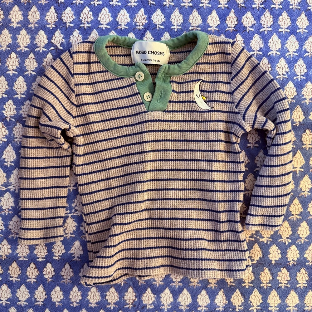 Bobo Choses Kids Long Sleeve Shirt - Cream and Navy Stripes with Green Collar